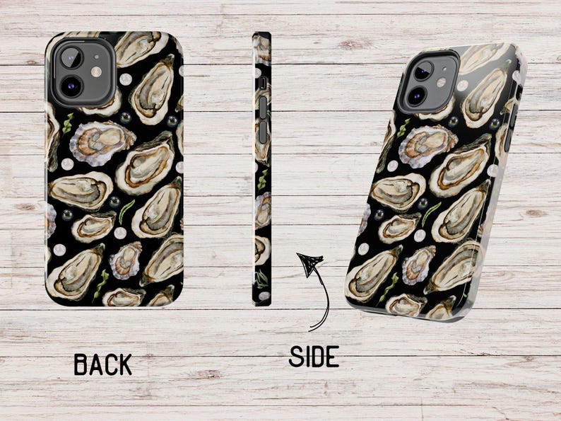 May include: A black phone case with a pattern of oyster shells and pearls. The case is shown from the back and side.