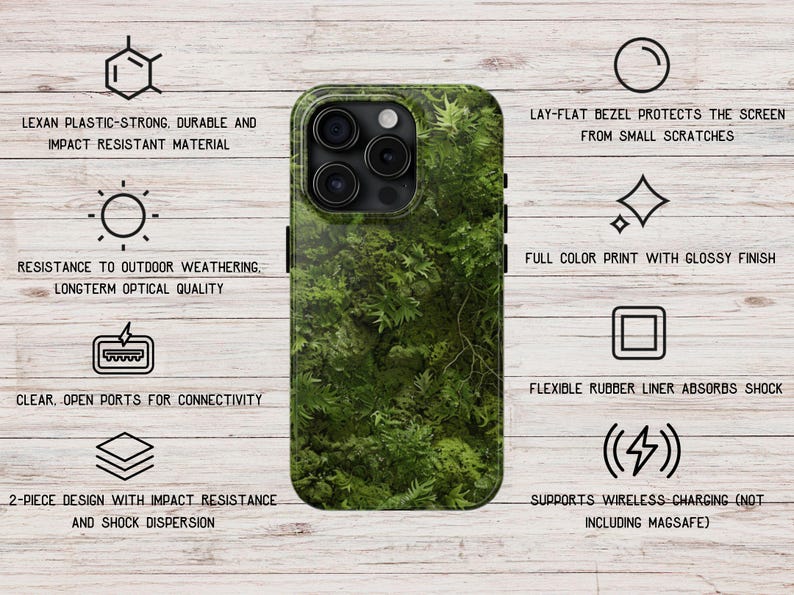 Może przedstawiać: Zielono-czarne etui na telefon z wzorem mchu. Etui wykonane jest z wytrzymałego, odpornego na uderzenia materiału i ma płaską ramkę, aby chronić ekran przed zarysowaniami. Posiada r&oacute;wnież elastyczną gumową wyści&oacute;łkę, aby pochłaniać wstrząsy i obsługuje ładowanie bezprzewodowe.
