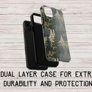 May include: A dual-layer phone case with a forest print design. The case is black and has a clear back with a green, blue, and white forest print. The text "Dual Layer Case for Extra Durability and Protection" is printed below the case.