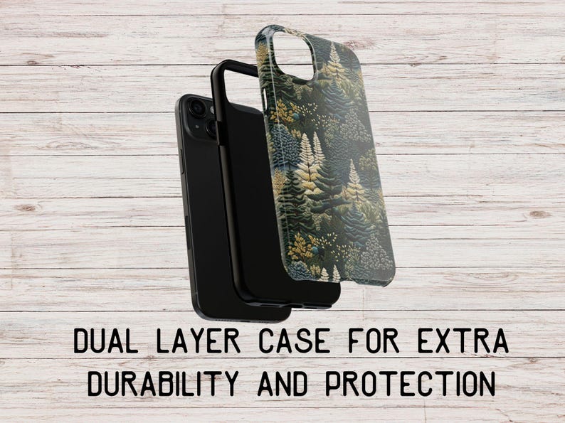 May include: A dual-layer phone case with a forest print design. The case is black and has a clear back with a green, blue, and white forest print. The text "Dual Layer Case for Extra Durability and Protection" is printed below the case.