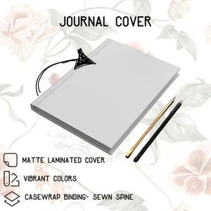 May include: A matte laminated journal cover in a light gray color. The journal has a casewrap binding with a sewn spine. Two pencils, one gold and one black, are placed next to the journal. The text "JOURNAL COVER" is at the top.