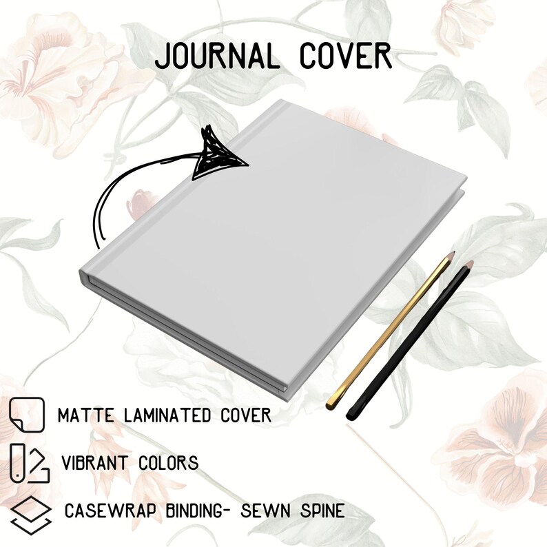 May include: A matte laminated journal cover in a light gray color. The journal has a casewrap binding with a sewn spine. Two pencils, one gold and one black, are placed next to the journal. The text "JOURNAL COVER" is at the top.
