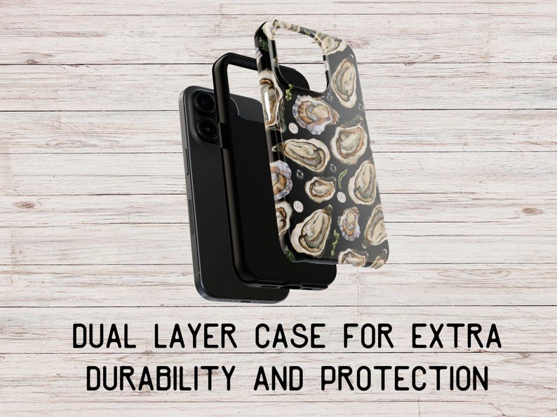 May include: A black phone case with a dual layer design. The case has a clear back with a pattern of white oysters on a black background. The text "DUAL LAYER CASE FOR EXTRA DURABILITY AND PROTECTION" is printed below the case.