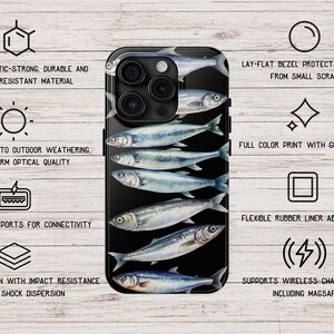 以下が含まれることがあります： 黒い電話ケースで、黒い背景に銀色の魚のデザインが施されています。ケースは耐久性があり、衝撃に強い素材で作られており、画面を傷から守るためのフラットなベゼルが付いています。また、衝撃を吸収する柔軟なゴム製のライナーが付いており、ワイヤレス充電に対応しています。