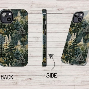 May include: A phone case with a forest scene design. The case is black and features a repeating pattern of green and brown trees. The case is shown from the back, side, and front.
