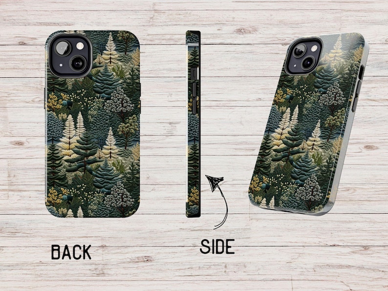 May include: A phone case with a forest scene design. The case is black and features a repeating pattern of green and brown trees. The case is shown from the back, side, and front.