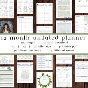 Peut inclure: Un planificateur non daté de 12 mois avec 120 pages, 40 cartes d'affirmation et 5 couvertures différentes. Le planificateur est imprimable et est disponible en format lettre US. L'image montre une variété de pages du planificateur, y compris un calendrier mensuel, une page de réflexion hebdomadaire, un tableau de vision, une page de réflexion sur le yoga, un suivi des sorts, un suivi de l'humeur et une liste de contacts.