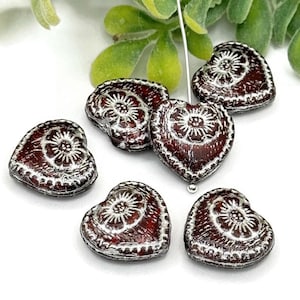 6 Dark Red Heart Beads, Czech Glass, Opaque, Silver Wash, Embossed Flower, Valentine&#39;s Day Beads, Large 18x17mm Focal Beads, Jewelry Making