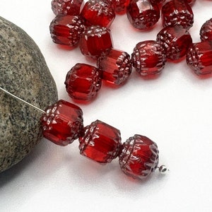 10 Ruby Red Cathedral Beads, 8mm Red Czech Glass Beads, Transparent Faceted Glass Beads with Silver Washed Ends,