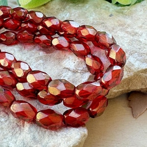 20 Red Oval Czech Glass Beads, Ruby Red Faceted Beads, Golden Luster, Firepolished, 7x5mm Small Oval, Jewelry Making Supplies