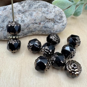 10 Jet Black Cathedral Beads, 8mm Czech Glass, Opaque Black, Bronze Ends, Jewelry Making Supplies
