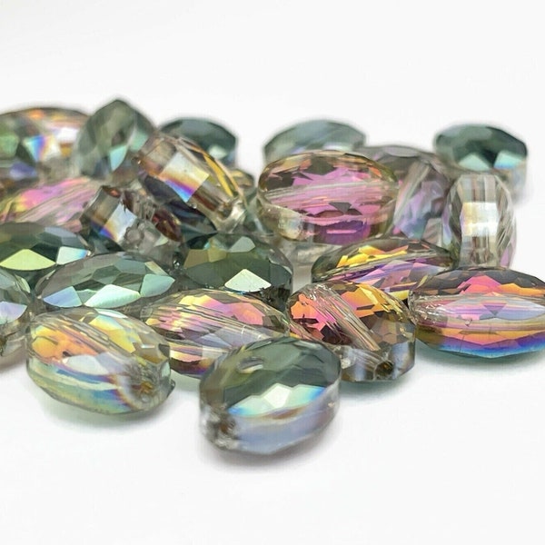 15 AB Flat Oval Glass Beads, Faceted Multicolor, 9x12mm, Green Arora Borealis Beads, Colorful Bling for Jewelry Making, Destash Beads