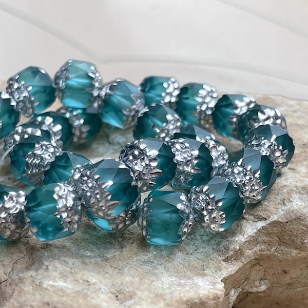 15 Teal Blue Cathedral Beads, 8mm Teal Czech Glass Beads, Transparent Faceted Glass Beads with Silver Ends,