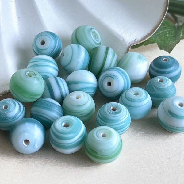 21 Blue and Green Swirl Beads, Opaque Matte Glass Beads, 12-14mm Round, Jewelry Making Supply, Crafting, Destash Beads