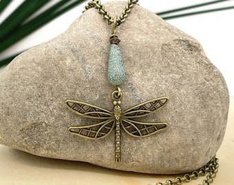 Boho Dragonfly Necklace Bronze Dragonfly Jewelry, Bohemian Necklace, Dragonfly Charm Necklace, Insect Jewelry Gift, 20" Rolo Chain Necklace