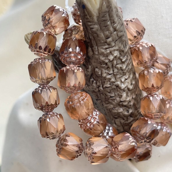 15 Peach Cathedral Beads, 8mm Peach Czech Glass Beads, Transparent Faceted Glass Beads with Copper Ends, Jewelry Beads