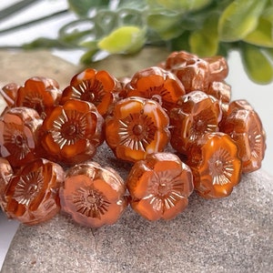 12 Orange White Hibiscus Flower Beads, Czech Glass Beads, 12mm, Bronze Wash, Floral Beads for Summer Jewelry, Hawaiian Flower Beads