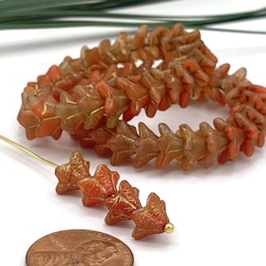 12 Bell Flower Beads Orange Czech Glass with Gold Wash and Etched Finish 5x8mm Jewelry Making Supplies