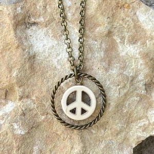 Boho Peace Sign Necklace, White Howlite Stone, 20&quot; Bronze Rolo Chain, Layering Charm Necklace, Hippie Jewelry Gift, Peace Jewelry