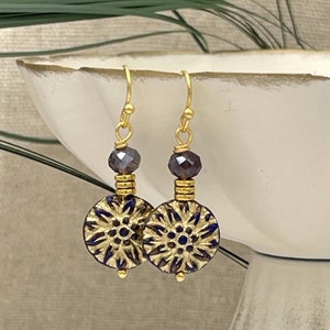 Dark Purple Dahlia Flower Earrings Czech Glass Gold Dangle Floral Drop Earrings Summer Jewelry Gift for Her Boho Beaded Earrings