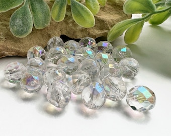 10mm Clear Crystal Glass Beads, Fire Polished Czech Glass Beads, Faceted, Round, AB Rainbow Jewelry Beads, Supplies, 25 or 50 pcs.