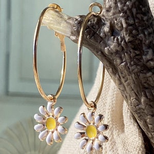 Daisy Earrings Small Yellow and White Daisy Lever back Hoop Earrings Cute Enamel Charm Earrings Spring Botanical Jewelry Gift for her