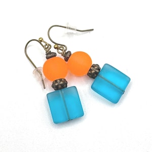 Orange and Blue Earrings, Frosted Glass, Colorful Summer Jewelry