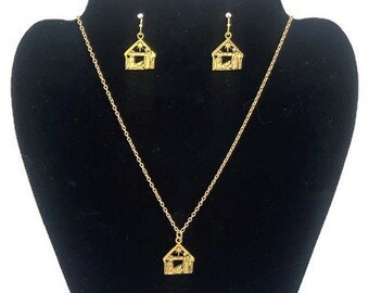 Gold Nativity Necklace and Earrings Set Christmas Nativity Scene Gold Charm Jewelry Religious Pendant Baby Jesus Bethlehem Manger Christian