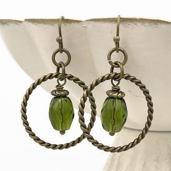 Earthy Olive Green Beaded Hoop Earrings, Handmade Moss Green Boho Jewelry, Feminine Lightweight Green Glass Dangles, Rustic Gift for Her