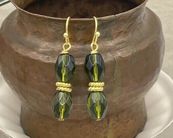 Moss Green Earrings, Small Beaded Green Earrings, Faceted Glass, Gold Plated Dangles, Fall Jewelry Gift for Her