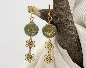 Flower Earrings Blue Green Earrings Czech Glass Beaded Gold Dangle Drop Floral Earrings for Women Boho Chic Jewelry Gift for Her
