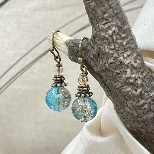 Small Two Tone Earrings Blue and Beige Sparkle Earrings Crackle Glass Beaded Bronze Dangle Drop Bling Gift for Her
