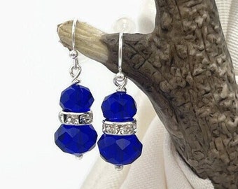 Royal Blue Rhinestone Earrings, Cobalt Blue Earrings, Small Petite Formal Earrings, Dark Blue Prom Earrings, Bridesmaid Earrings, Gift