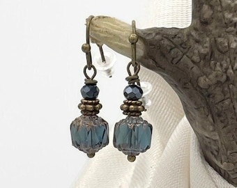 Montana Blue Small Earrings Czech Glass Cathedral Beaded Earrings Bronze Dangle Drop Simple Minimalist Jewelry Gift  Blue Glass Earrings