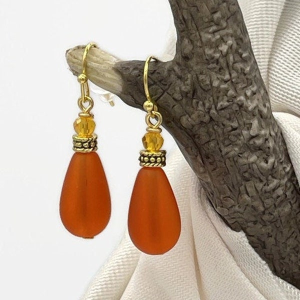 Orange Seaglass Earrings, Orange and Yellow Earrings, Short Frosted Orange Teardrop Bead Earrings, Recycled Glass Jewelry, Gold Dangle Drop