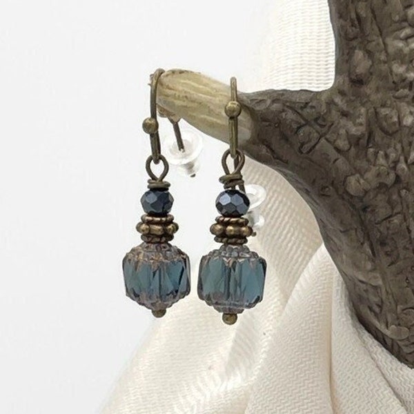 Montana Blue Small Earrings Czech Glass Cathedral Beaded Earrings Bronze Dangle Drop Simple Minimalist Jewelry Gift  Blue Glass Earrings