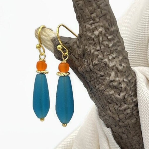 Blue Seaglass Earrings Blue and Orange Earrings Frosted Blue Thin Teardrop Bead Earrings Gold Dangle Drop Recycled Glass Jewelry Gift