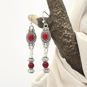 Red Silver Southwestern Drop Earrings, Western Dangle Earrings, Cowgirl Jewelry