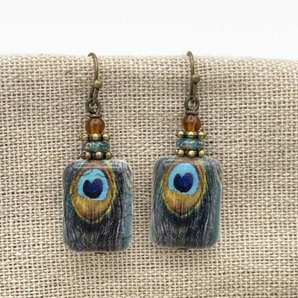 Peacock Earrings Boho Peacock Feather Dangle Drop Earrings Peacock Jewelry Gift Indian Jewelry Wearable Art Beaded Earrings Bird Jewelry