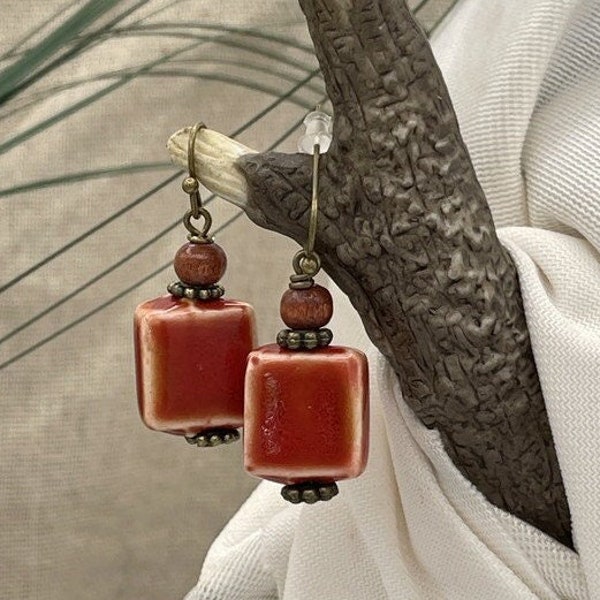 Ceramic Earrings Brick Red Rust Maroon Burgundy Rustic Earrings Square Beaded Ceramic and Wood Earrings for Fall Glazed Speckled Dangle Drop