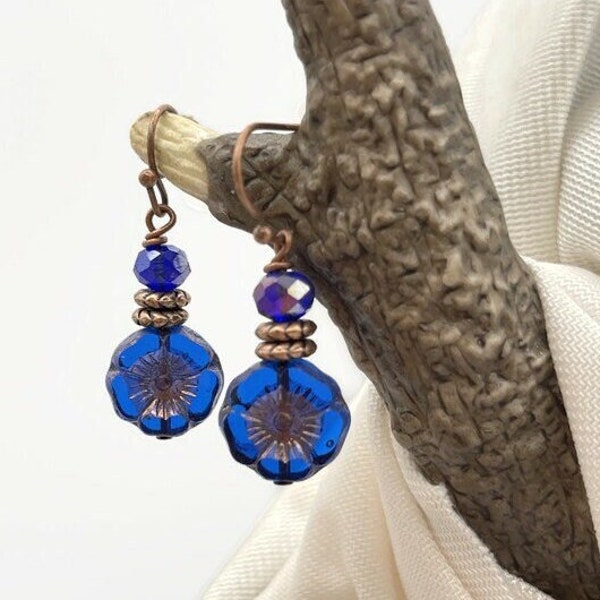 Cobalt Blue Earrings Flower Sapphire Blue Czech Glass Earrings Beaded Copper Dangle Drop Dainty Floral Jewelry Summer Earrings