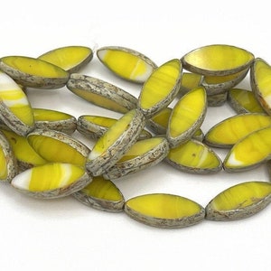 10 Yellow Spindle Beads, Czech Glass, 7x18mm Flat Oval, Lemon Yellow with White, Picasso Edge, Jewelry Making Beads