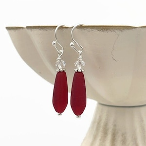 Red Seaglass Earrings Frosted Red Thin Teardrop Bead Earrings Silver Dangle Drop Recycled Glass Jewelry Small Lightweight Summer Earrings