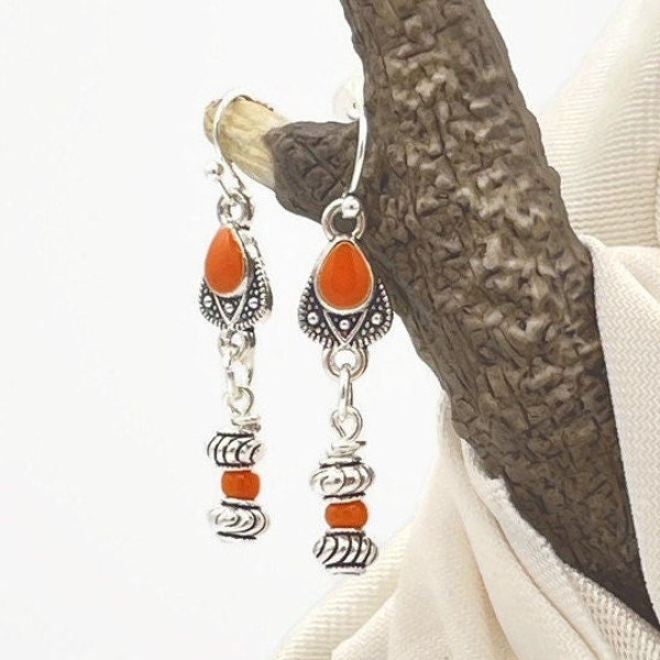 Orange Boho Chic Dangle Earrings Antique Silver Western Earrings Dangle Drop Orange Enamel Jewelry for Cowgirl Gift