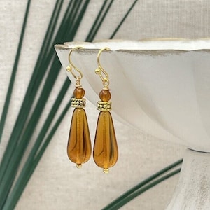 Topaz Teardrop Earrings, Small Glass Dangle Earrings, Gold Drop, Transparent, Gift for Mom, Topaz Jewelry Gift