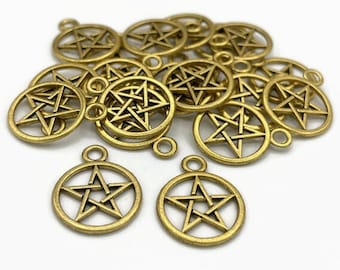 20 Pentagram Charms Pentacle Pendant Antique Gold Star Witchy Wicca Charm Bulk Jewelry Making Supplies Double Sided Pagan Fantasy Charm