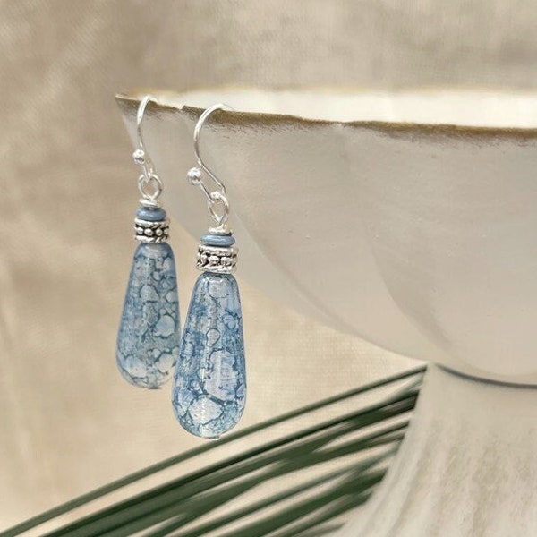 Milky Blue Glass Earrings Czech Glass Teardrop Earrings Marbled Blue Earrings Silver Dangle Drop Blue Bead Earrings Everyday Earrings