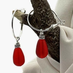 Red Seaglass Earrings, Red and Silver Hoop Dangle, Red Sea Glass Earrings, Frosted Teardrop Bead Earrings, Recycled Glass Jewelry, Gift