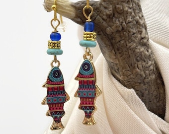 Fish Earrings Red and Blue Beaded Fish Dangle Drop Earrings Boho Chic Gold Fish Jewelry Enamel Earrings Bohemian Style Gift for Her