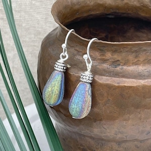 AB Earrings Aurora Borealis Earrings Small Silver Dangle Drop Bead Earrings Czech Glass Teardrop Earrings Colorful Prism Jewelry Gift